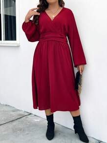 SHEIN Unity Más El Vestido De Talla De Mangas De Linterna Con Dobladillo De Volantes - Burdeos - Ver 1