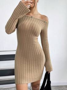 Flirla Vestido De Suéter Acampanado Y Cuerpo Ajustado Con Hombros Descubiertos