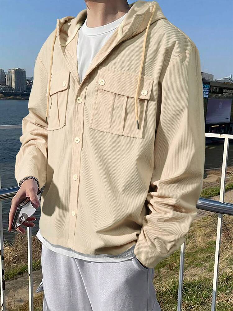 Loose Fit Men's Hooded Jacket With Toggle Closure And Buttoned Flap Pockets , Corduroy