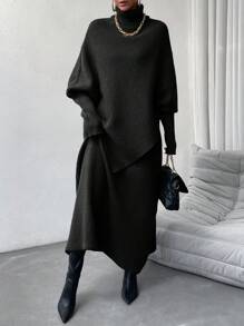 Chiquease Women's Asymmetric Hem Knitted Sweater And Knit Skirt Set - Black - View 4