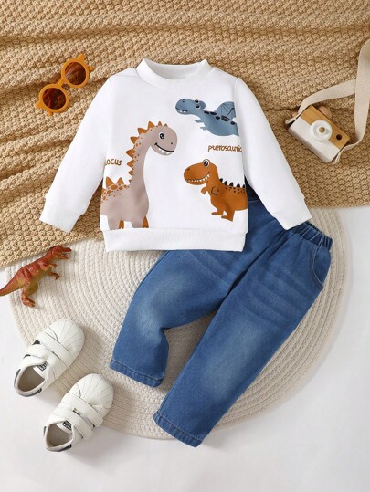 SHEIN Vintaside Kids Baby Boys' Cute Dinosaur Round Neck Sweatshirt + Denim Pants Two Pieces Set