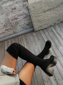 Women's Fashionable Sexy Faux Suede Over The Knee Boots With High Heels And Thick Soles, Black
