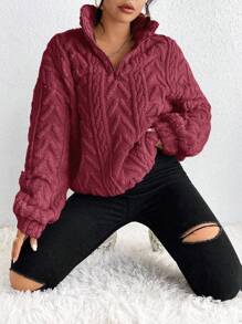 SHEIN Frenchy Cable Knit Drop Shoulder Half Zip Hoodie,Long Sleeve Tops In Fall/Winter - Burgundy - View 4
