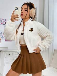 SHEIN EZwear 女款卡通刺繡紐扣毛絨夾克 - 白色 - 查看 5