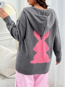 SHEIN EZwear Plus Size Hooded Cardigan With Rabbit Pattern, Zipper And Drawstring - Grey - View 1