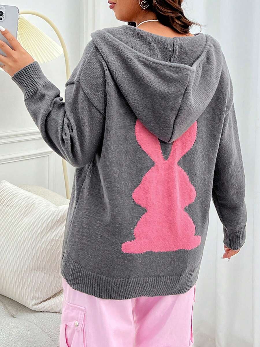 SHEIN EZwear Plus Size Hooded Cardigan With Rabbit Pattern, Zipper And Drawstring - Grey - View 1