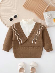 Baby Girl Contrast Scallop Trim Mock Neck 2 In 1 Sweater - Brown - View 1