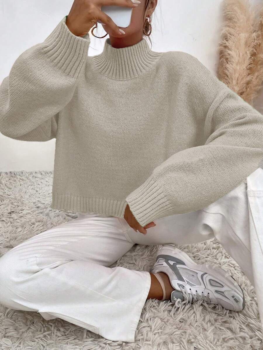EURMUSE Solid Turtleneck Sweater - Beige - View 1