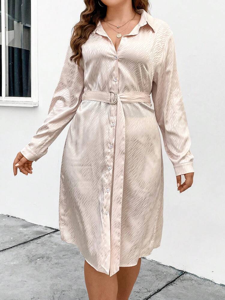 Plus Size Floral Jacquard Button Front Belted Shirt Dress