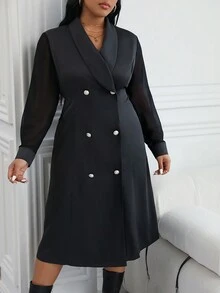 SHEIN Essnce Kích thước lớn DOUBLE-BREASTED Cape Vòng cổ Đầm - màu đen - Xem 5