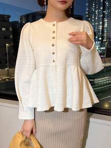 FRIFUL Women's Puff Sleeve Ruffle Hem Jacket - Beige - View 1