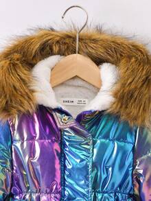 SHEIN 年轻女孩全息毛绒装饰连帽系带夹棉大衣