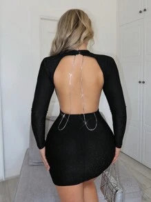 SHEIN SXY Sexy Vestido De Fiesta Con Cadena De Diamantes De Imitación Y Sin Espalda Para Mujeres - Negro - Ver 4