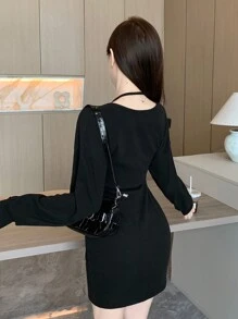 DAZY 纯色露背紧身连衣裙，秋装长袖连衣裙 - 黑色 - 查看 2