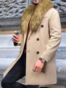 Manfinity 男士雙排扣帶口袋羊毛大衣 - 卡其色 - 查看 1