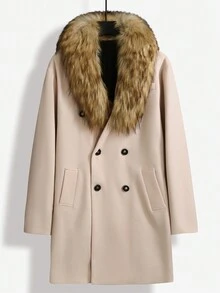 Manfinity 男士雙排扣帶口袋羊毛大衣 - 卡其色 - 查看 5