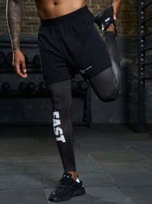 Manfinity Athleisure Men's Letter Printed 2 In 1 Sports Pants - Black - View 6