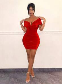 SHEIN SXY new year eve red off Shoulder Ruched Bodycon Dress - Red - View 4