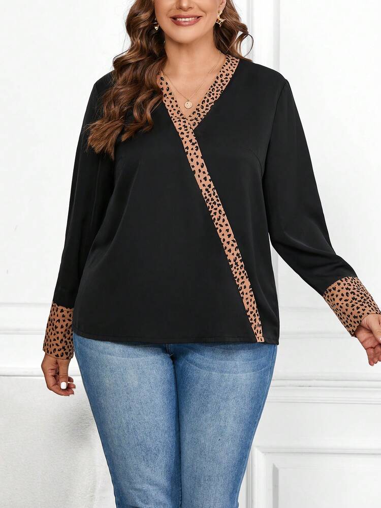 Plus Size Colorblock Rolled Sleeve Shirt