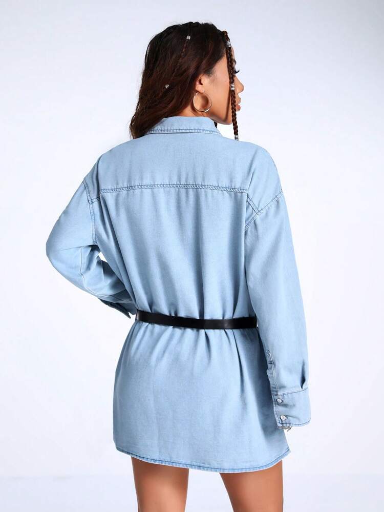 Button-front Denim Dress With Flap Pockets And Collar, Without Waist Belt