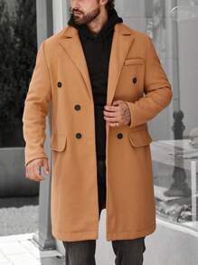 Manfinity Homme Hombres Abrigo de doble botonadura - Caqui - Ver 3