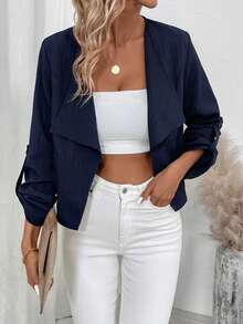 SHEIN Essnce 大翻領捲邊袖開門襟夾克 - 藏蓝色 - 查看 3