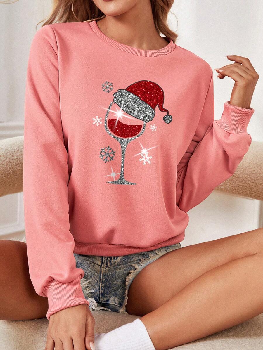SHEIN LUNE 女性聖誕紅酒杯設計運動衫 - 藕粉色 - 查看 1