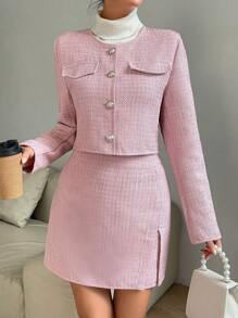 SHEIN Privé Jacket & Skirt Set, Tweed, No Sweater Included - Multicolor - View 4