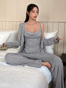 DAZY 女士荷叶边吊带背心、长裤和睡袍家居服套装，秋季睡衣，舒适保暖套装，冬季 - 灰色 - 查看 6