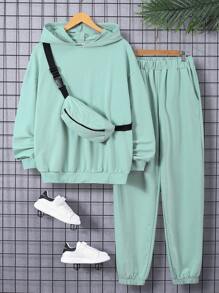 SHEIN 青少年男孩休閒舒適連帽純色運動衫+褲子+郵差包套裝 - 綠色 - 查看 1