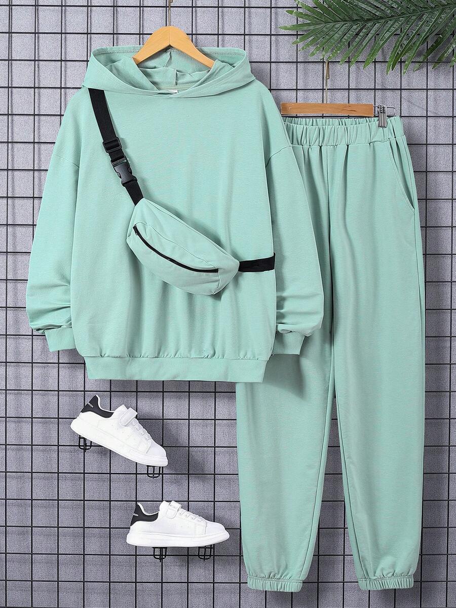 SHEIN 青少年男孩休閒舒適連帽純色運動衫+褲子+郵差包套裝 - 綠色 - 查看 1