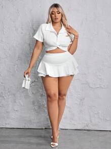 SHEIN SXY Plus Twist Front Crop Blouse - White - View 3