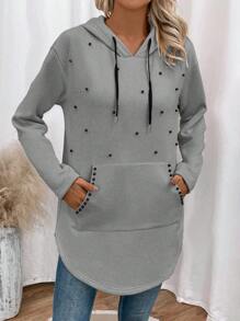 EMERY ROSE Hooded Sweatshirt With Embellished Details, Kangaroo Pocket And Drawstring - Grey - View 2