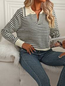 V領配色條紋毛衣 - 杏色 - 查看 1