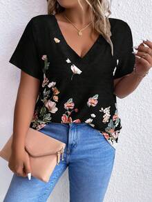 Camiseta De Manga Corta Con Cuello En V Y Estampado Floral De Talla Grande - Negro - Ver 3