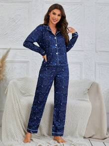 Full Print Collide Color Homewear Set - Navy Blue - View 4