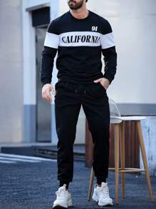 Manfinity Homme Men's Letter Print Color-block Two Piece Outfit - Black - View 7