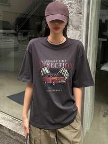 Dazy Star Ladies' Short Sleeve T-shirt With Letter & Car Pattern - Grey - View 6