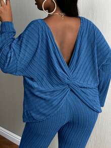 Slaydiva Plus Drop Shoulder Twist Back Tee & Leggings - Royal Blue - View 3