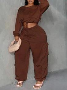 Slaydiva Kích thước lớn Hem Dây rút Hoodie Và Quần thể thao Bộ - màu nâu - Xem 6