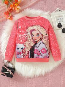 SHEIN Young Girl Figure & Letter Graphic Sweatshirt - Red - View 1