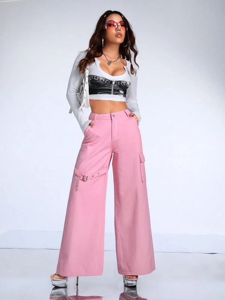 Women'S High Waisted Pocket Wide Leg Denim Pants