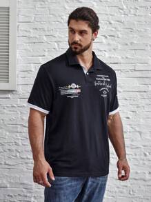 Manfinity Homme 男士大码標語圖案拼接邊POLO衫 - 藍色 - 查看 3