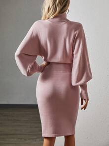 SHEIN Frenchy 單色高領蝙蝠袖毛衣連衣裙 - 粉色 - 查看 2