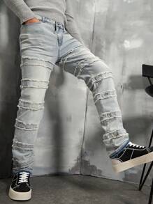 Manfinity Roghcode Men's Frayed Edge Denim Jeans - Blue - View 4