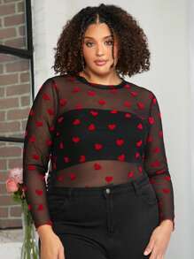 SHEIN CURVE+ Plus Size Women's Love Mesh Top/Valentine's Day - Black - View 5
