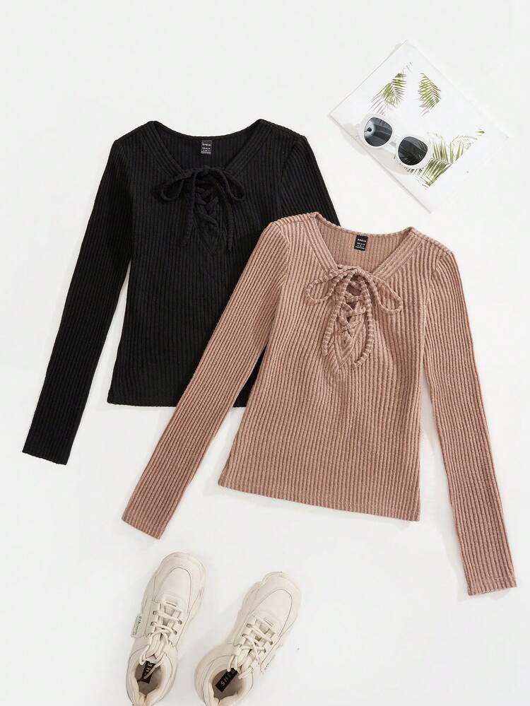2pcs Lace Up Front Ribbed Knit Tee