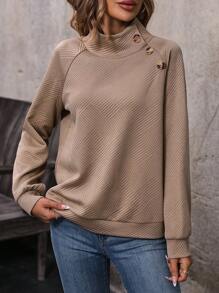 SHEIN LUNE Mock Neck Button Detail Raglan Sleeve Sweatshirt - Khaki - View 6
