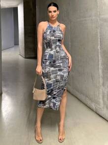 SHEIN Essnce Vestido ajustado de mujeres con retazo con estampado vintage - Azul - Ver 1