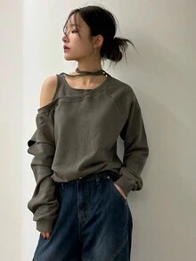 DAZY Chất rắn Cổ không đối xứng Áo nỉ - Màu Khaki - Xem 3